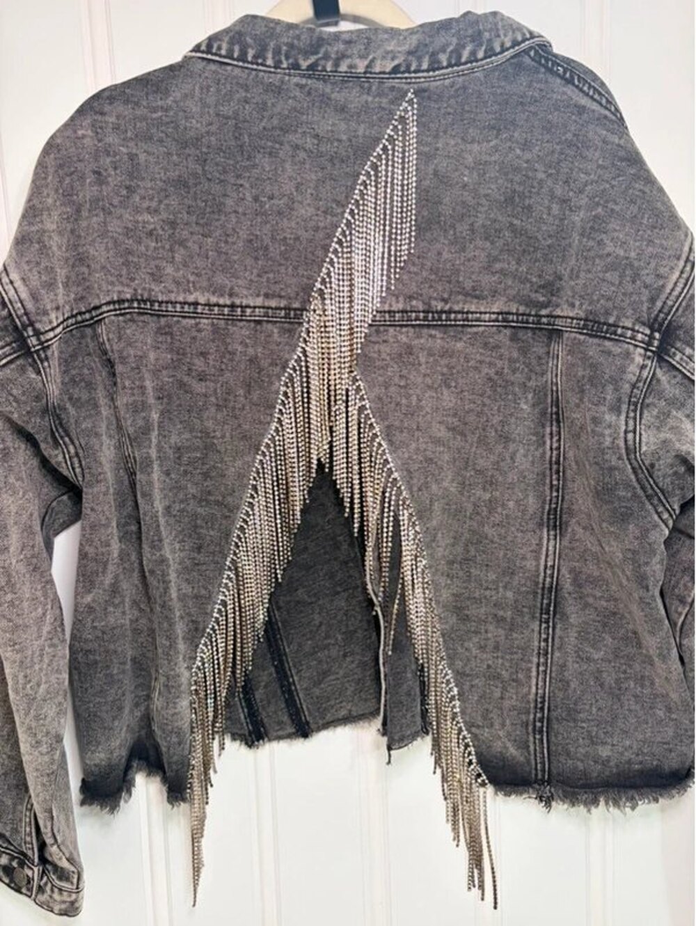 Fringe Rhinestone Black Denim Jacket 2x